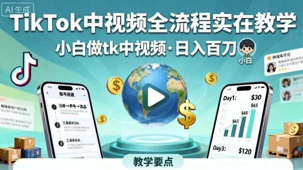 TikTok中视频全流程实操教学，小白做tk中视频，日入百刀