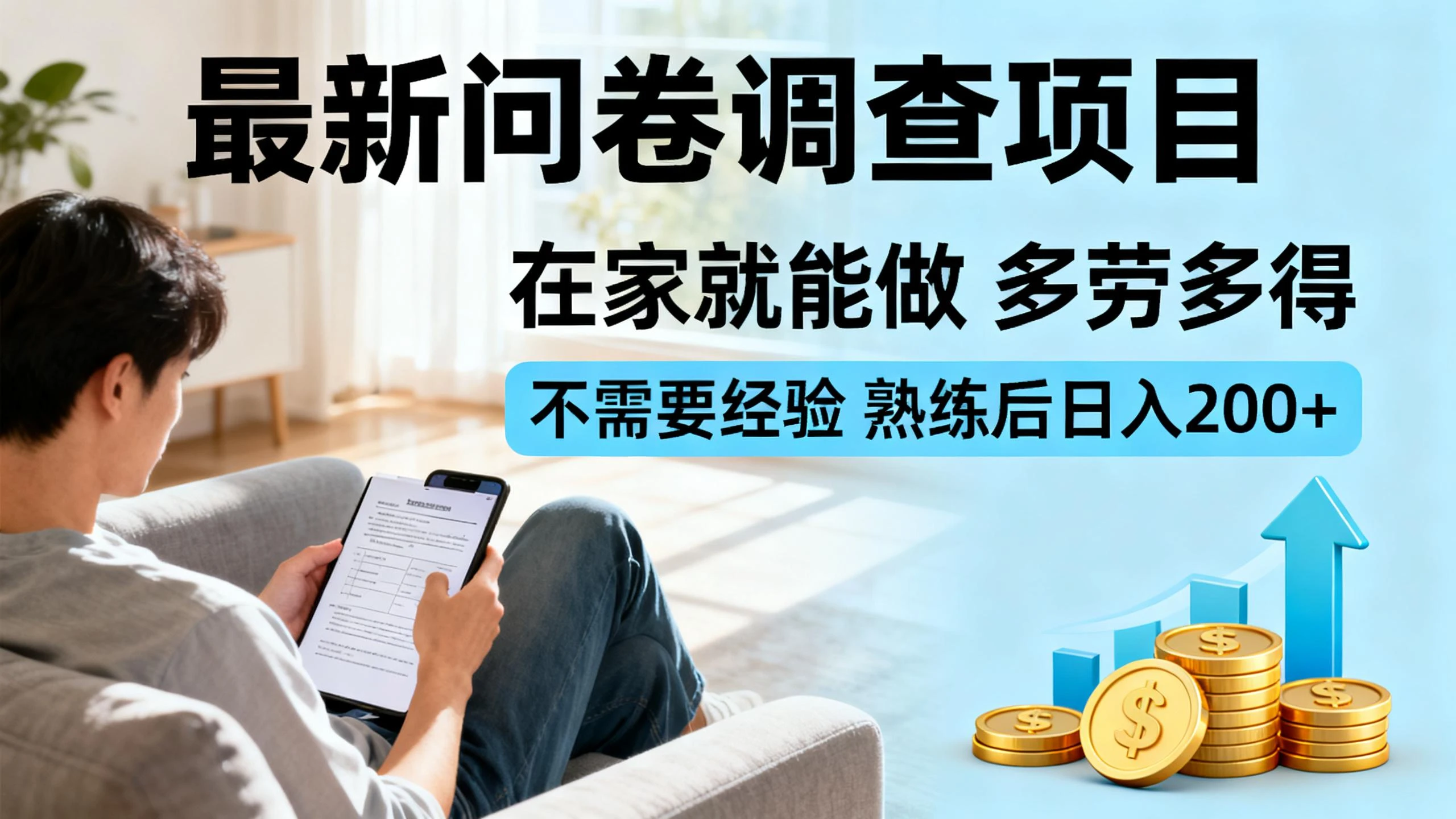 最新问卷调查项目，在家就能做，多劳多得，不需要经验，熟练后日入200+