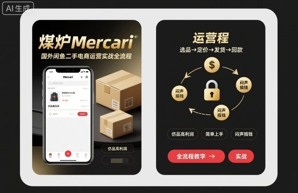 【精】煤炉Mercari国外闲鱼二手电商运营实战全流程，仿品高利润，简单上手，闷声搞钱