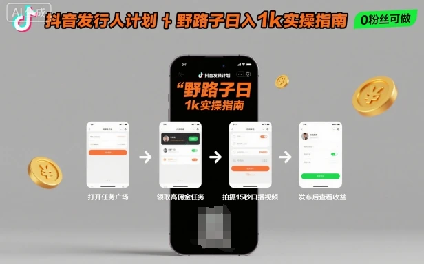 抖音发行人计划全新野路子玩法，随时随地，只要有手机，就能操作，日入1k+【揭秘】