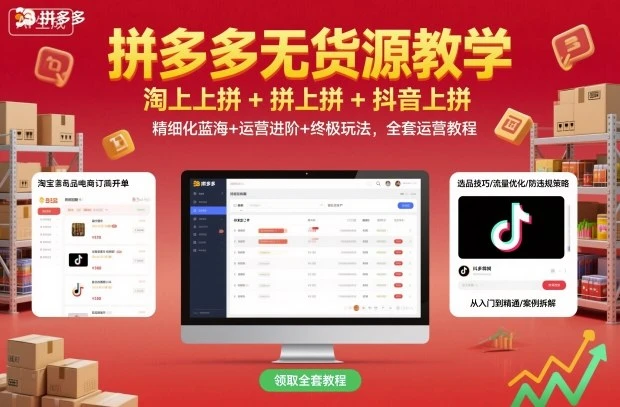 【精】拼多多无货源教学，淘上拼+拼上拼+抖上拼，精细化蓝海+运营进阶+终极玩法，全套运营教程