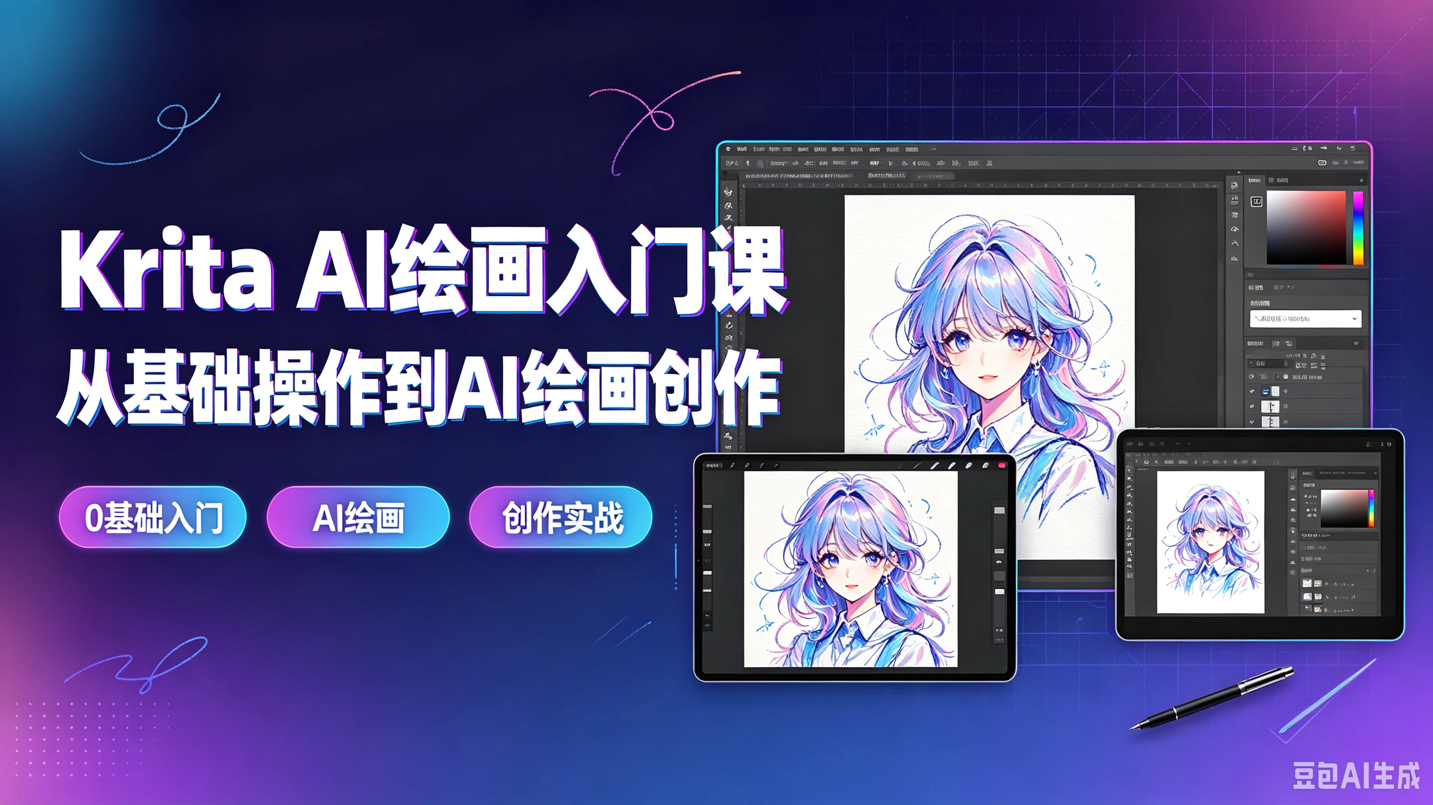 【精】Krita AI绘画入门课从基础操作到AI绘画创作，0基础入门、Al绘画、创作实战