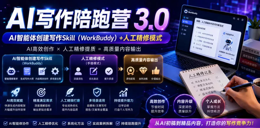 【精】AI写作陪跑营3.0，Ai智能体创建写作skill（workbuddy）+人工手写模式（手搓模式），去除AI痕迹（头条号、公众号、百家号）