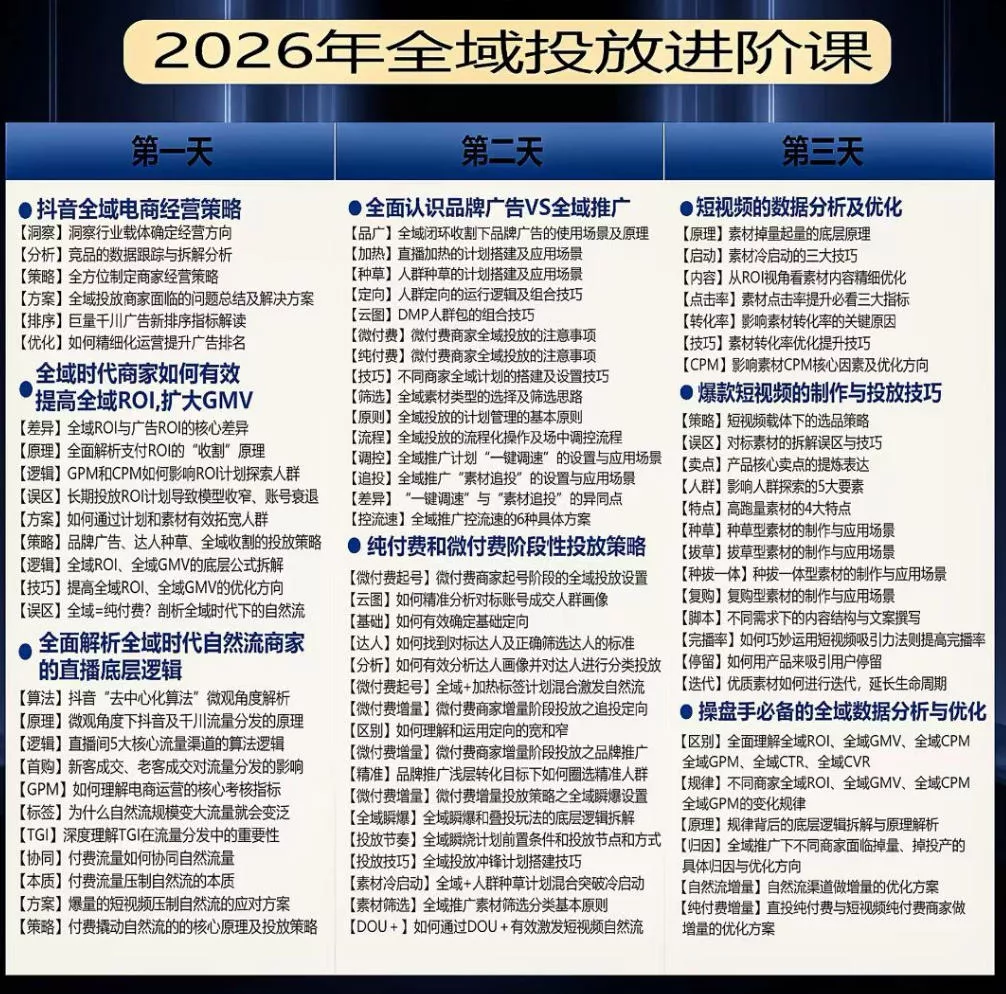 【精】千川扫地僧2026抖音全域投放进阶课，少走弯路·快速起量·掌控增长，6月12-14号杭州线下课